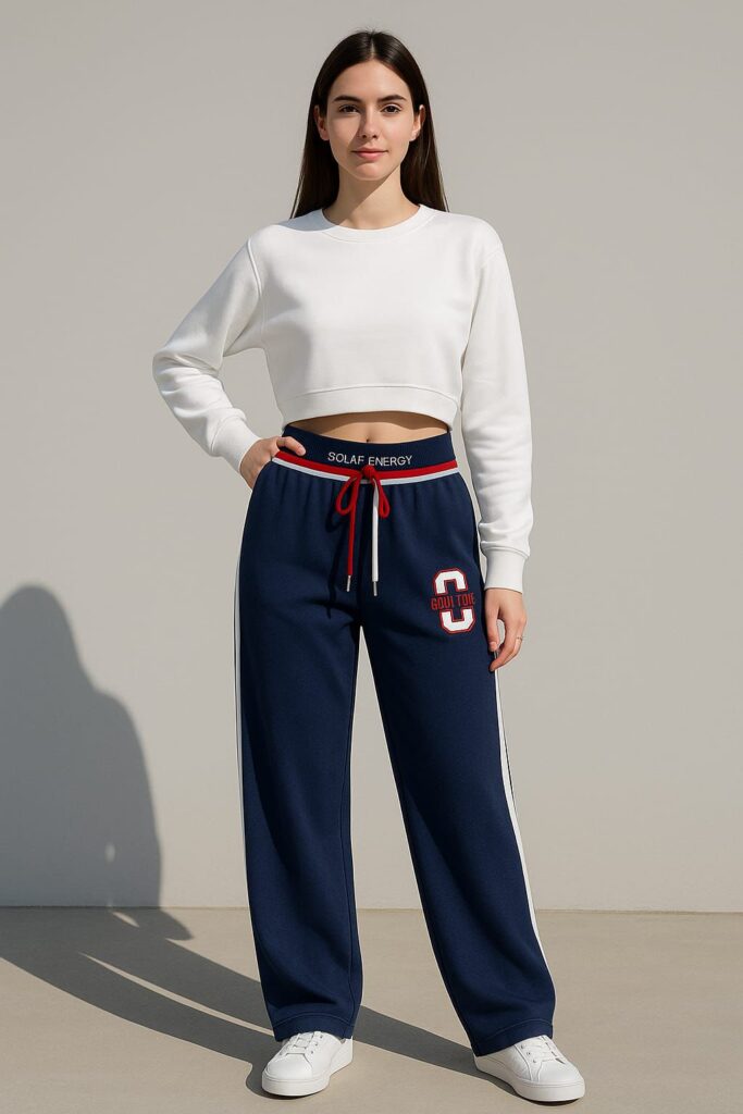 Casual Sports Track Pants For Women - Navy Blue with White Stripe