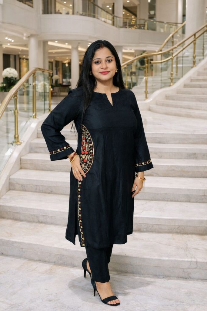 Navkala Women Black Embroidered Kurti Pant Set