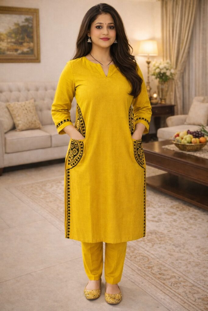 Navkala Women Mustard Embroidered Kurti Pant Set