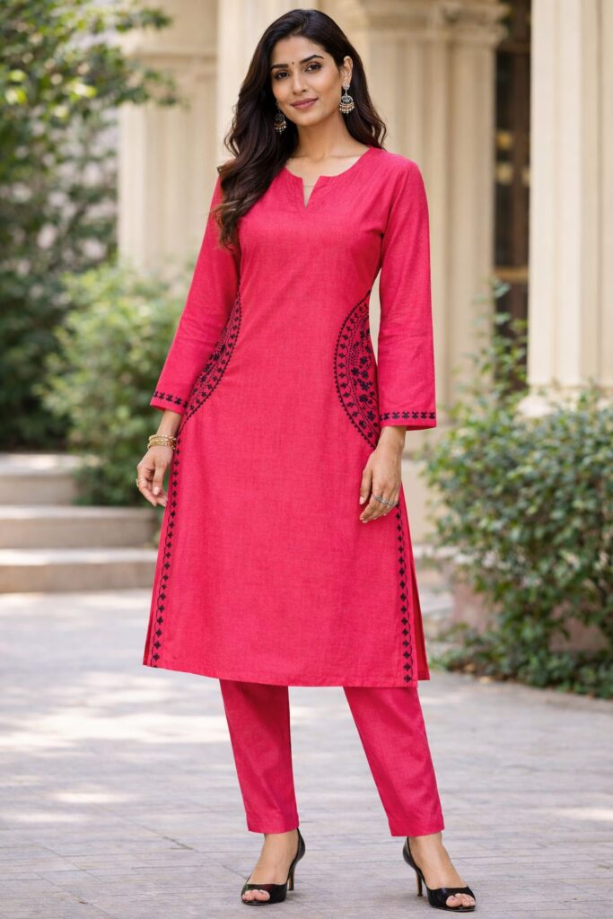 Navkala Women Pink Embroidered Kurti Pant Set